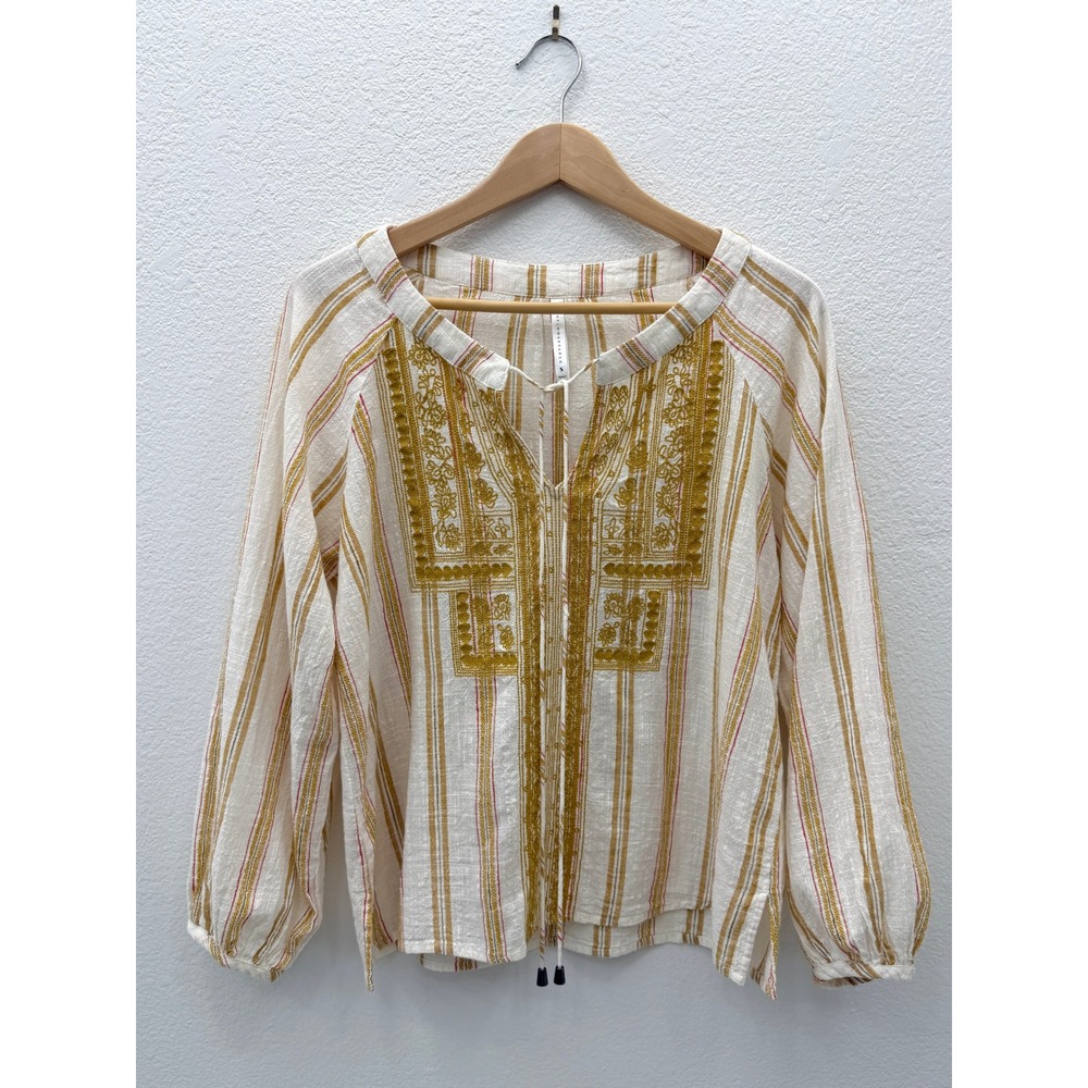 Rockflowerpaper‎ Embroidered Striped Cotton Gauze Peasant Blouse Long Sleeve